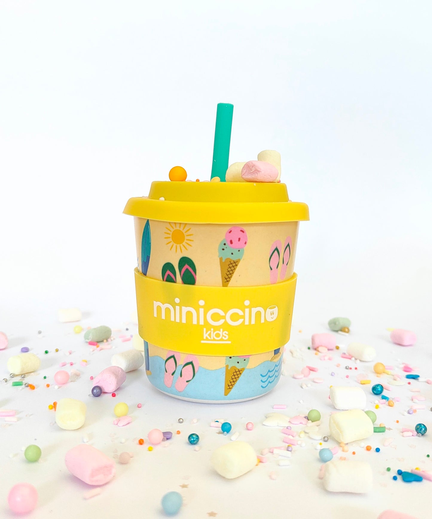 Summer Vibes ready to go fluffy Kiddiccino cup styled with confetti, bringing bright, playful energy.