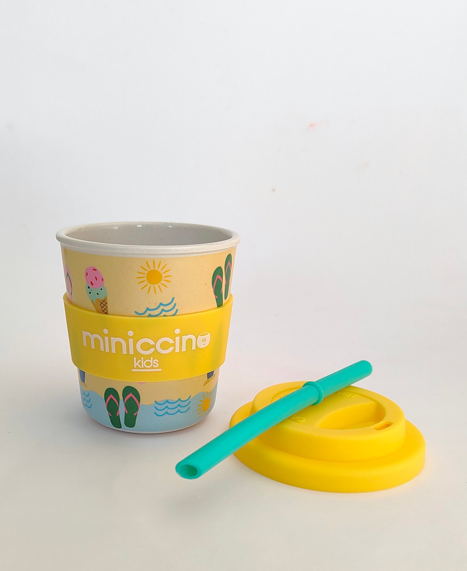 Summer Vibes Kiddiccino cup with matching green straw and stopper, perfect for kids.